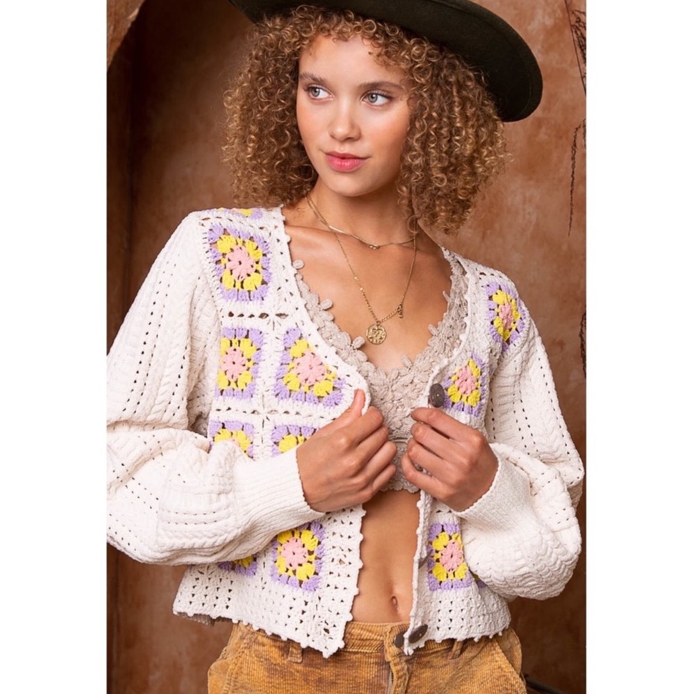 Pol Chenille Cardigan Sweater With Handmade Panel